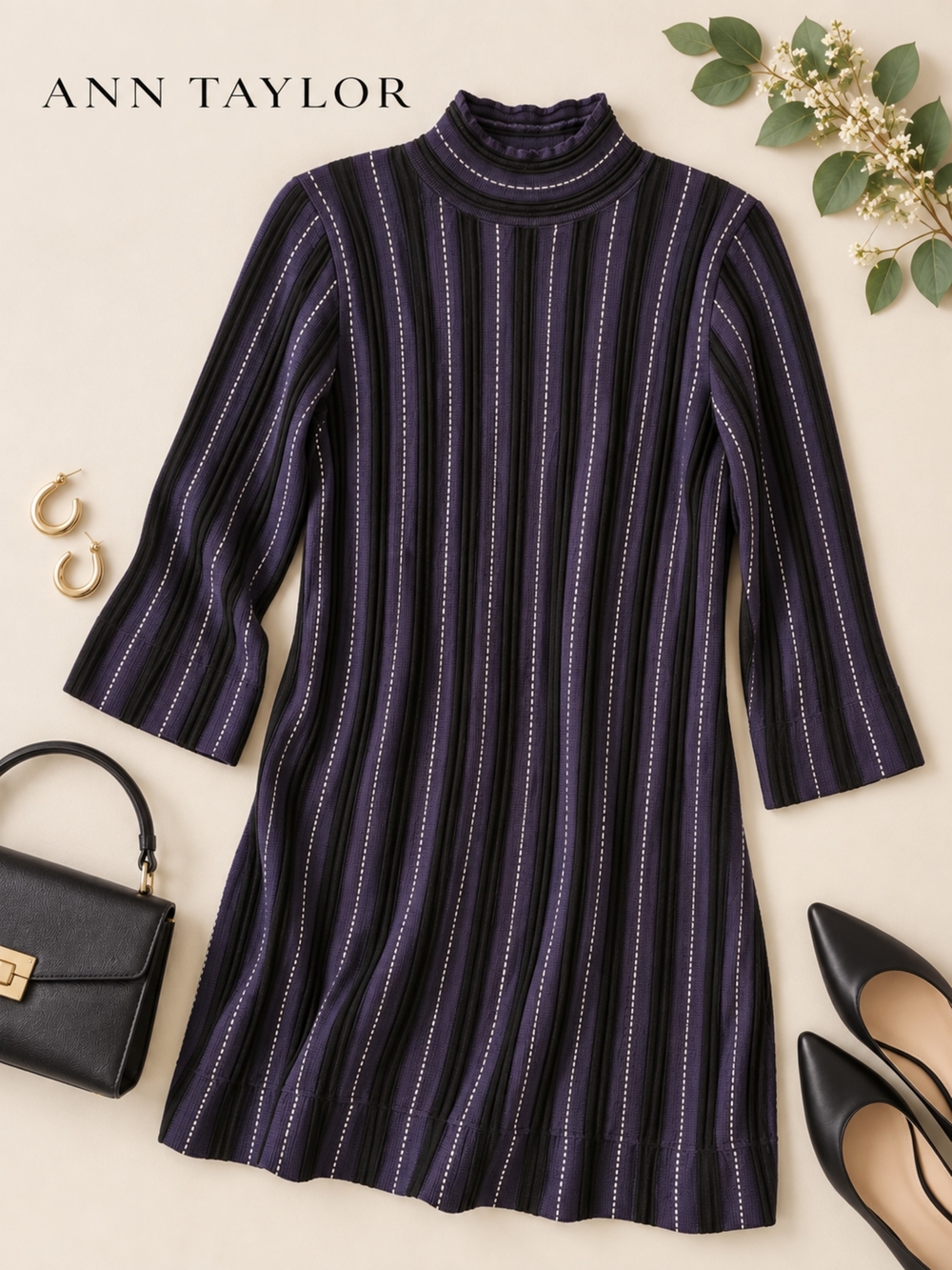 Ann Taylor Black, Gray & White Striped Mock Neck Bell Sleeve Knit Dress, Small